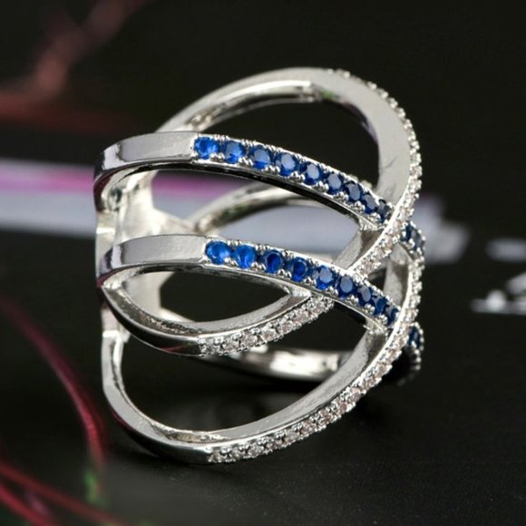🎁  925 Silver Blue White Micro Pave Cross MultiLayer Ring for Women, VIP114 - Picture 6 of 6